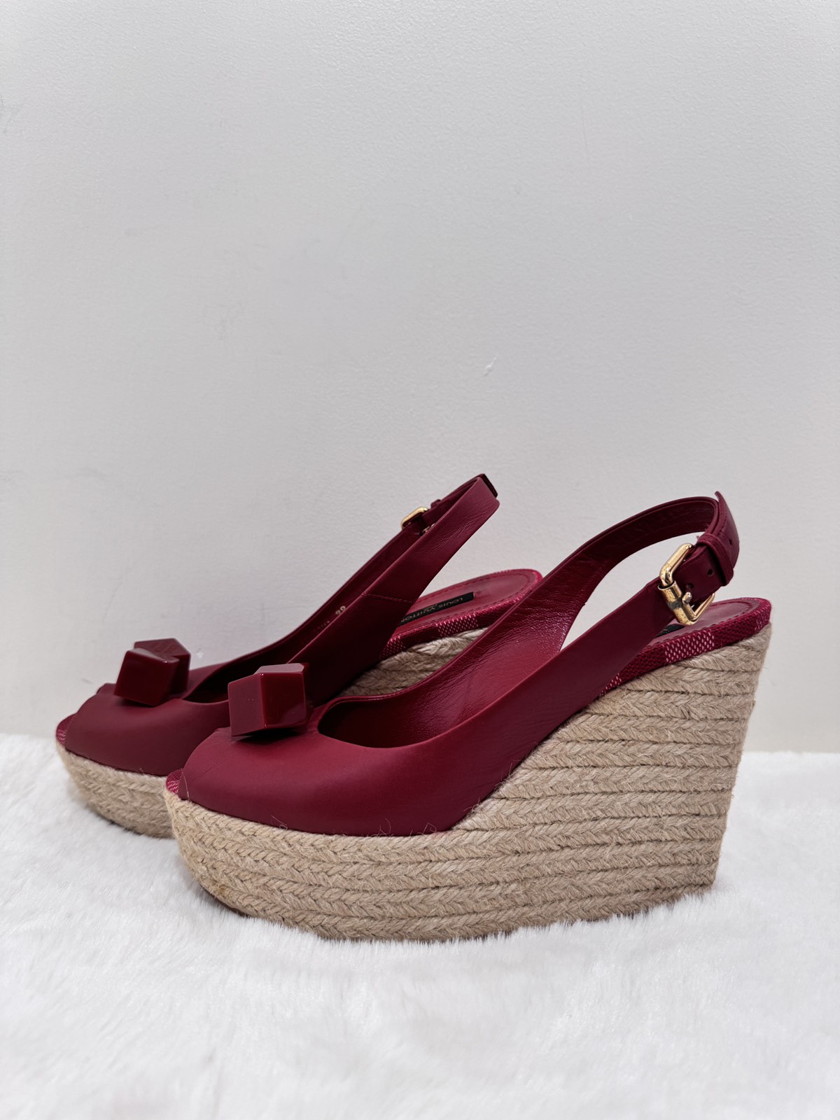 Louis Vuitton Red Leather Damier Cube Espadrille Peep-Toe Wedges